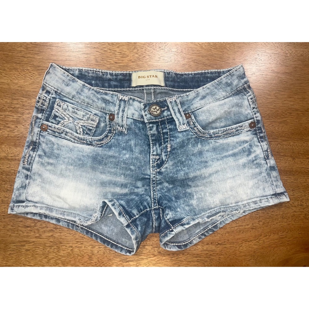 Big Star Liv Acid Wash Denim Shorts Vintage Collection Blue Low Rise Size 25